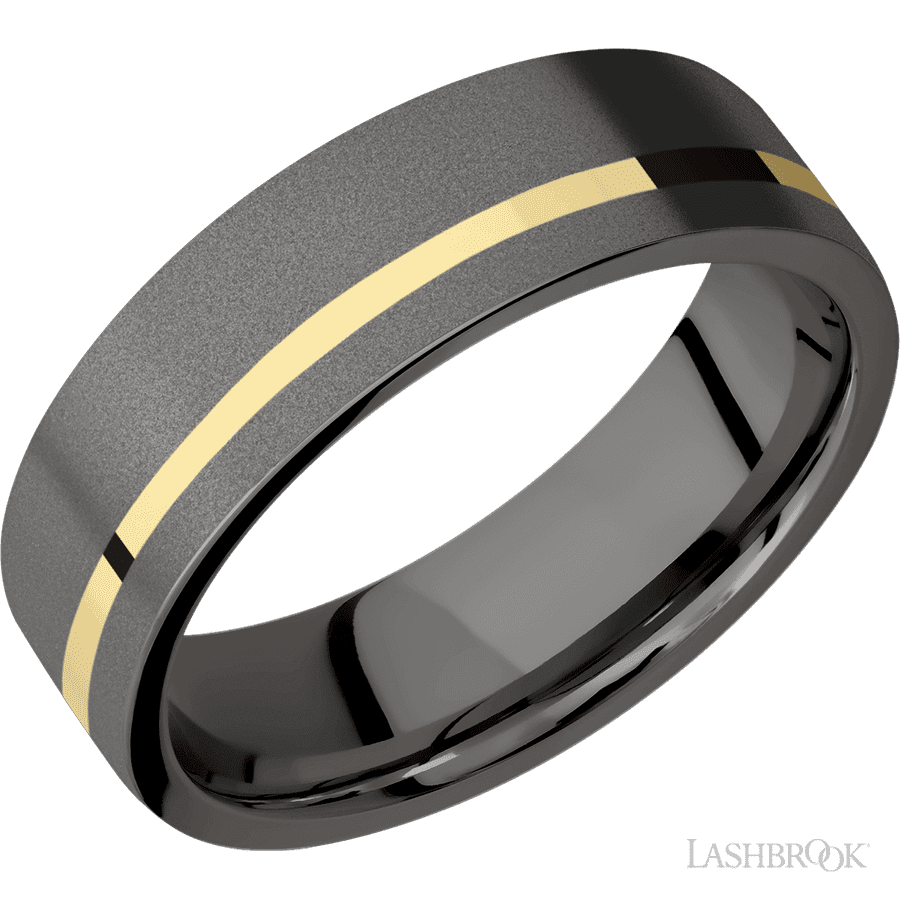 7 mm wide/Flat/Tantalum Noir band with one 1 mm Off Center inlay of 14K Yellow Gold