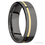 7 mm wide/Flat/Tantalum Noir band with one 1 mm Off Center inlay of 14K Yellow Gold