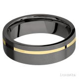 7 mm wide/Flat/Tantalum Noir band with one 1 mm Off Center inlay of 14K Yellow Gold