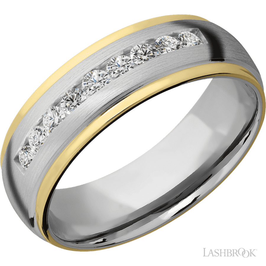 "7 mm wide/Domed Stepped Down Edges/Cobalt Chrome band with an  arrangement of 9, 05 carat Round Lab Grown Diamond stones in a Channel setting and featuring two 1 mm Edge inlays of 14K Yellow Gold"