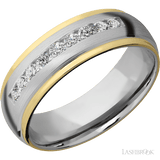 "7 mm wide/Domed Stepped Down Edges/Cobalt Chrome band with an  arrangement of 9, 05 carat Round Lab Grown Diamond stones in a Channel setting and featuring two 1 mm Edge inlays of 14K Yellow Gold"