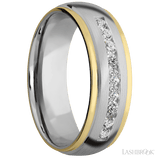 "7 mm wide/Domed Stepped Down Edges/Cobalt Chrome band with an  arrangement of 9, 05 carat Round Lab Grown Diamond stones in a Channel setting and featuring two 1 mm Edge inlays of 14K Yellow Gold"