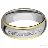 "7 mm wide/Domed Stepped Down Edges/Cobalt Chrome band with an  arrangement of 9, 05 carat Round Lab Grown Diamond stones in a Channel setting and featuring two 1 mm Edge inlays of 14K Yellow Gold"