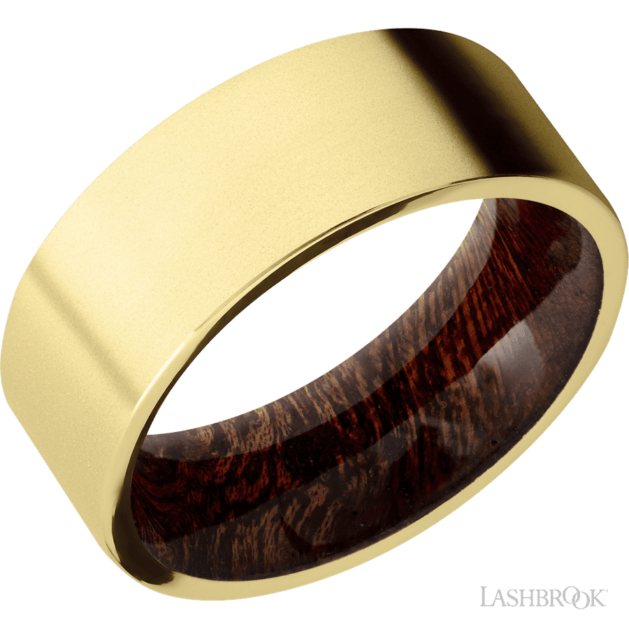8 mm wide Flat 14K Yellow Gold band featuring a Sapele sleeve