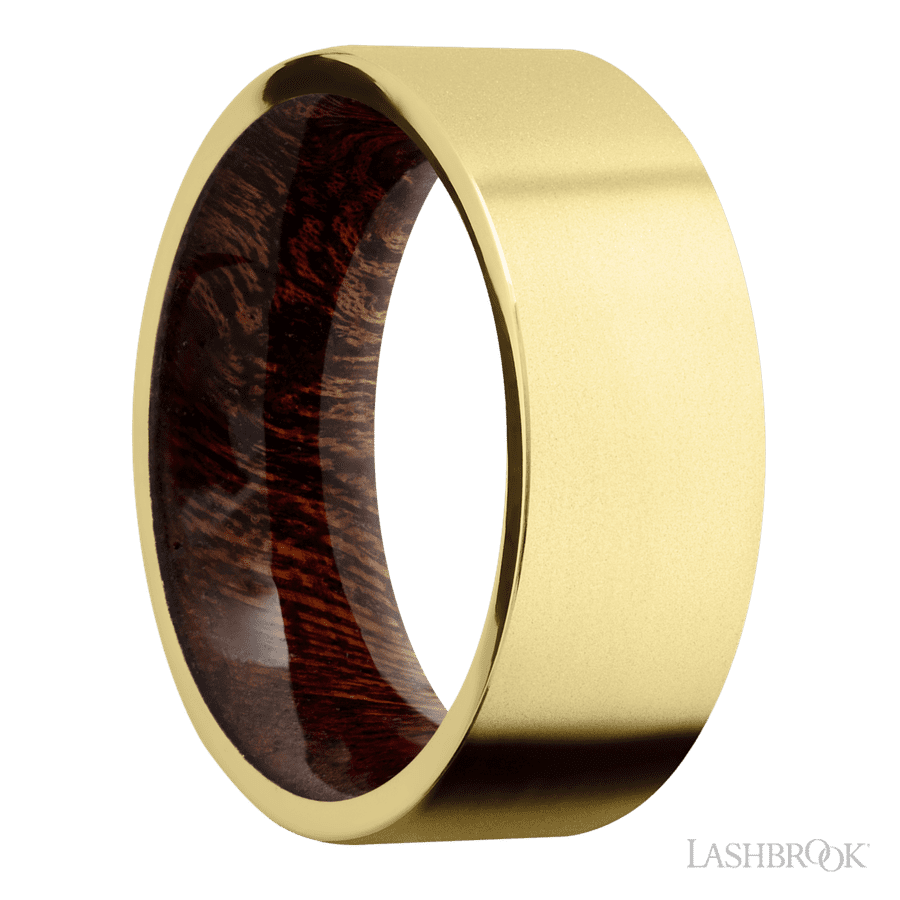 8 mm wide Flat 14K Yellow Gold band featuring a Sapele sleeve
