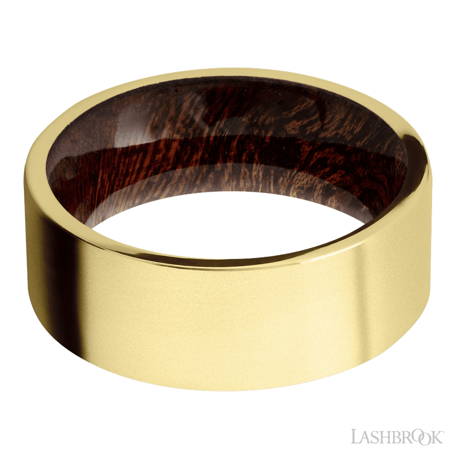 8 mm wide Flat 14K Yellow Gold band featuring a Sapele sleeve
