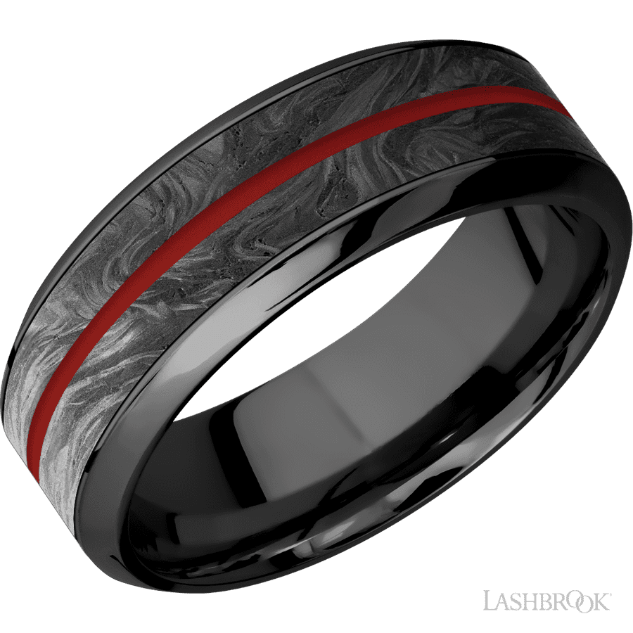8 mm wide/High Bevel/Zirconium band featuring inlays of Forged Carbon Fiber and USMC Red