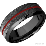 8 mm wide/High Bevel/Zirconium band featuring inlays of Forged Carbon Fiber and USMC Red