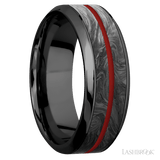 8 mm wide/High Bevel/Zirconium band featuring inlays of Forged Carbon Fiber and USMC Red