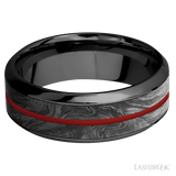 8 mm wide/High Bevel/Zirconium band featuring inlays of Forged Carbon Fiber and USMC Red