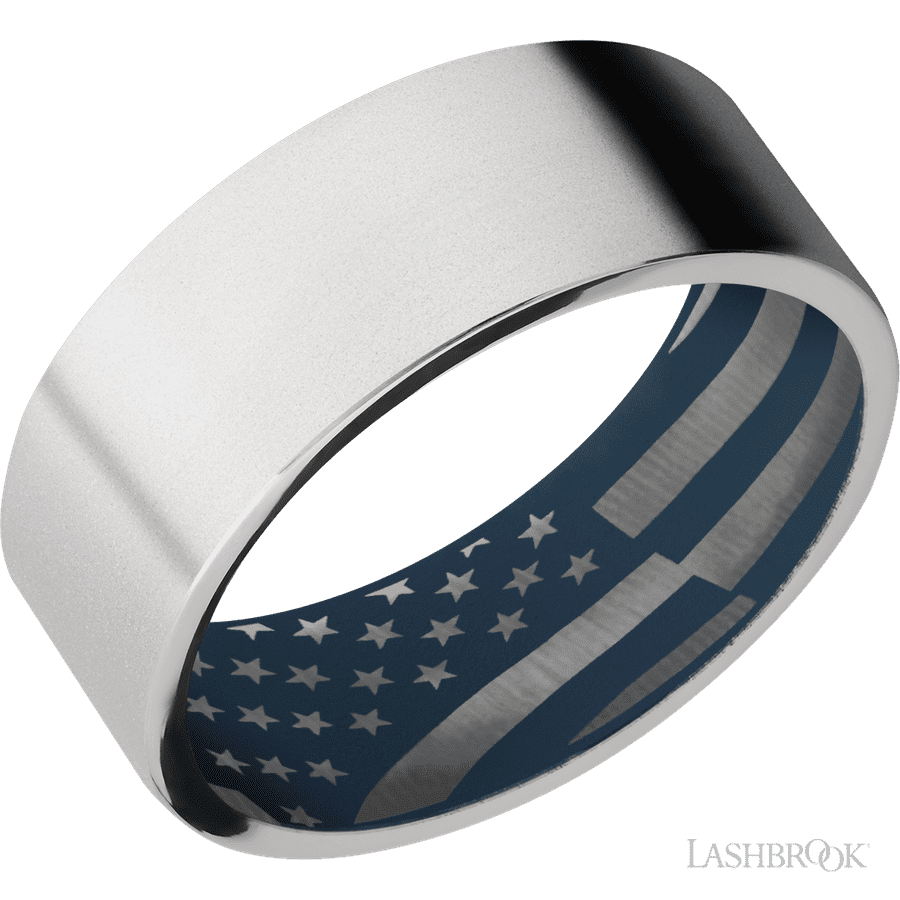 8 mm wide Flat Cobalt Chrome band featuring a Navy Blue sleeve