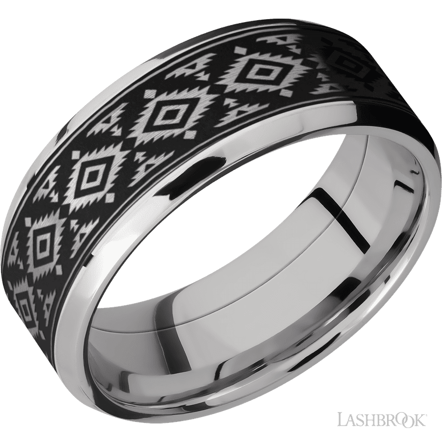 8 mm wide/Beveled/Cobalt Chrome band with one 6 mm Centered inlay of Tantalum with a laser carved Aztec 2 pattern