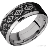 8 mm wide/Beveled/Cobalt Chrome band with one 6 mm Centered inlay of Tantalum with a laser carved Aztec 2 pattern