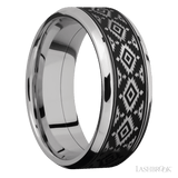 8 mm wide/Beveled/Cobalt Chrome band with one 6 mm Centered inlay of Tantalum with a laser carved Aztec 2 pattern