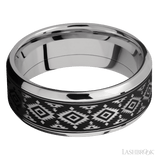 8 mm wide/Beveled/Cobalt Chrome band with one 6 mm Centered inlay of Tantalum with a laser carved Aztec 2 pattern