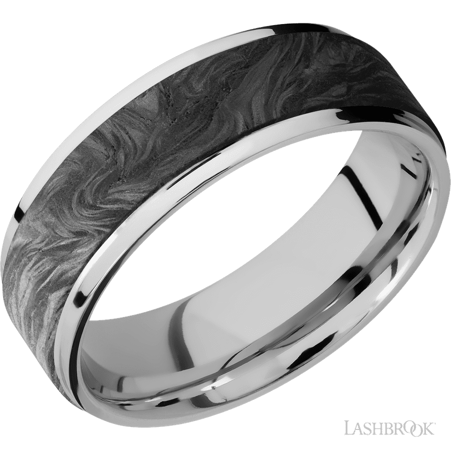 7 mm wide/Flat Grooved Edges/Cobalt Chrome band with one 5 mm Raised Centered inlay of Forged Carbon Fiber