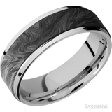7 mm wide/Flat Grooved Edges/Cobalt Chrome band with one 5 mm Raised Centered inlay of Forged Carbon Fiber