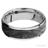 7 mm wide/Flat Grooved Edges/Cobalt Chrome band with one 5 mm Raised Centered inlay of Forged Carbon Fiber