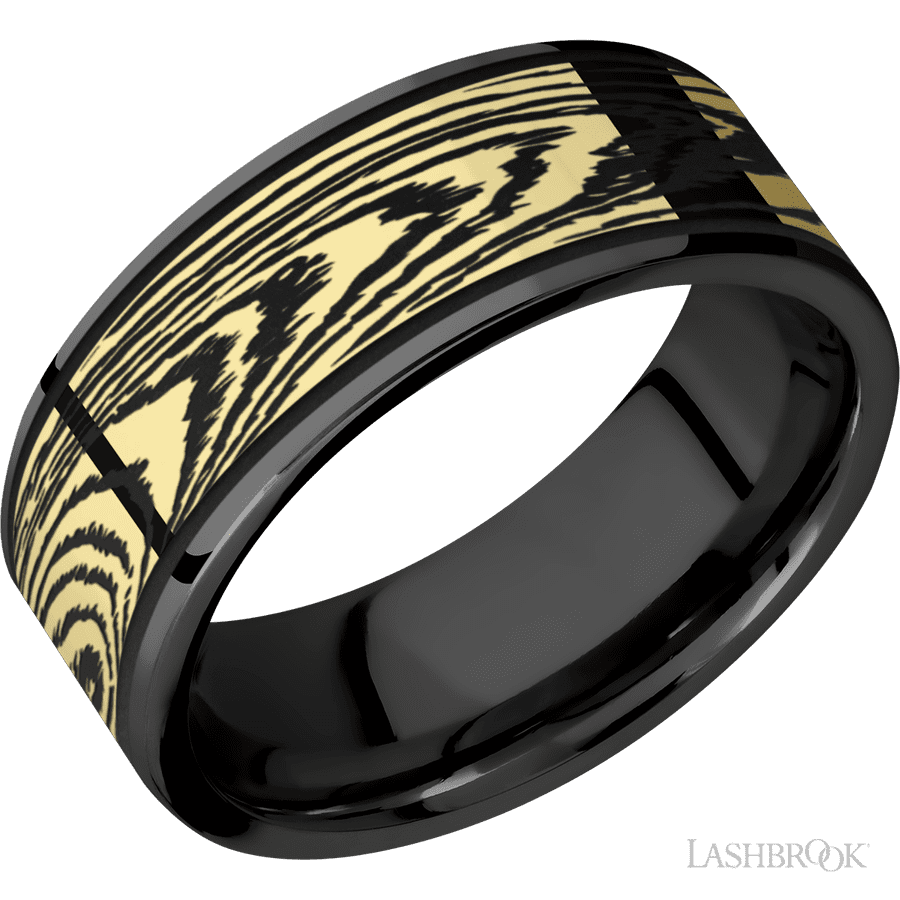 8 mm wide/Flat/Zirconium band with one 6 mm Centered inlay of 14K Yellow Gold with a laser carved Woodgrain pattern