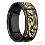 8 mm wide/Flat/Zirconium band with one 6 mm Centered inlay of 14K Yellow Gold with a laser carved Woodgrain pattern