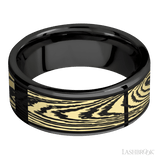8 mm wide/Flat/Zirconium band with one 6 mm Centered inlay of 14K Yellow Gold with a laser carved Woodgrain pattern