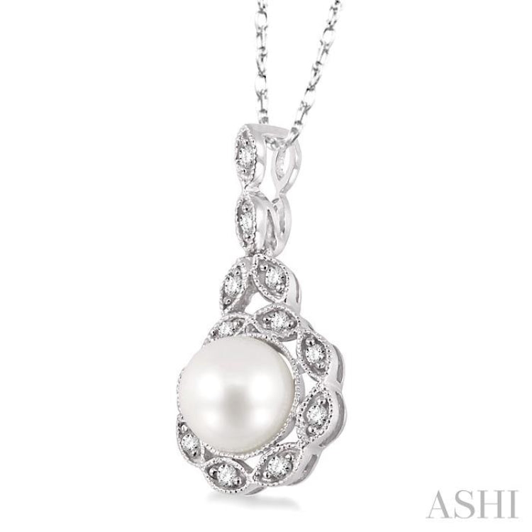 6.5 MM Cultured Pearl and 1/10 ctw Single Cut Diamond Pendant in 14K White Gold with Chain