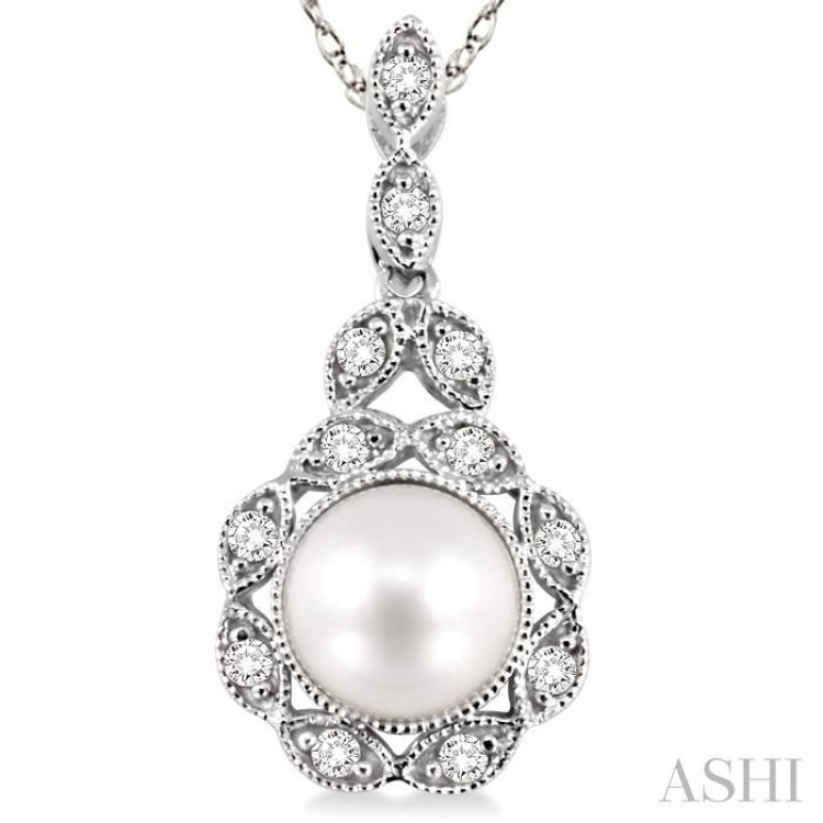 6.5 MM Cultured Pearl and 1/10 ctw Single Cut Diamond Pendant in 14K White Gold with Chain