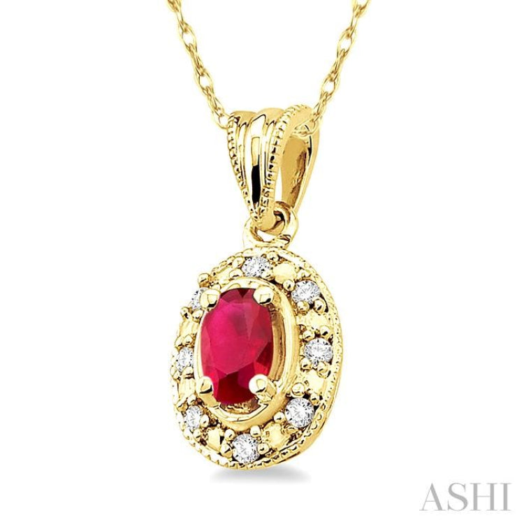 5x3 MM Oval Shape Ruby and 1/20 Ctw Single Cut Diamond Pendant in 14K Yellow Gold with Chain