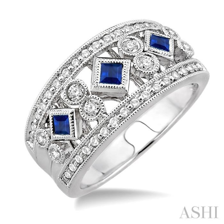 2.2 MM & 2.4 MM Princess Cut Sapphire and 3/8 Ctw Round Cut Diamond Precious Fashion Band in 14K White Gold