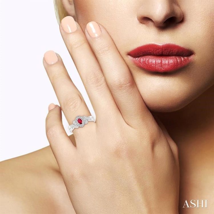 5x3 mm Oval Cut Ruby and 1/50 Ctw Single Cut Diamond Ring in Sterling Silver