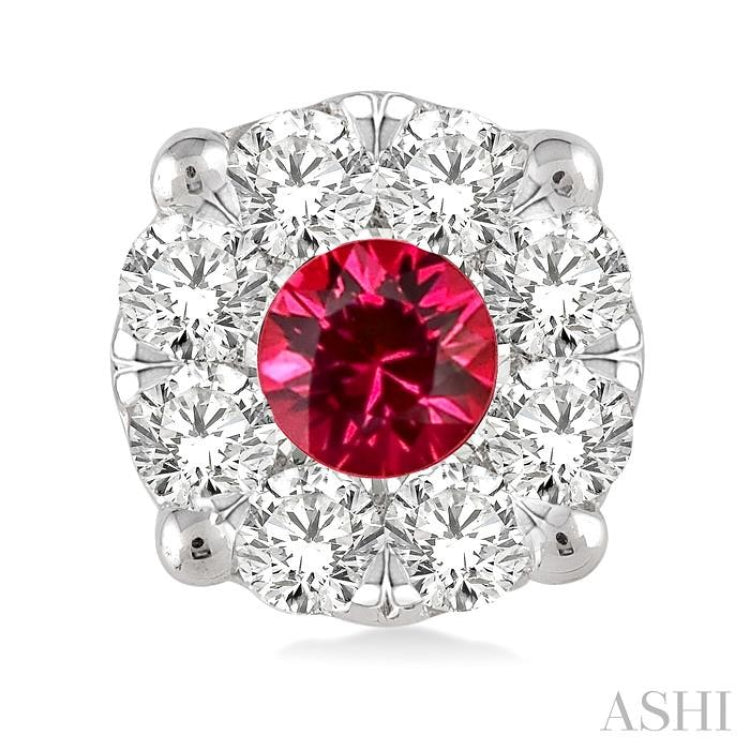 3.2 mm Round Cut Ruby and 1/2 Ctw Lovebright Diamond Earrings in 14K White Gold