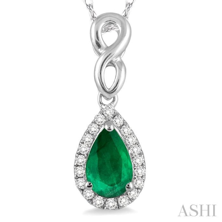 6x4 MM Pear Shape Emerald and 1/10 ctw Round Cut Diamond Pendant in 10K White Gold with Chain