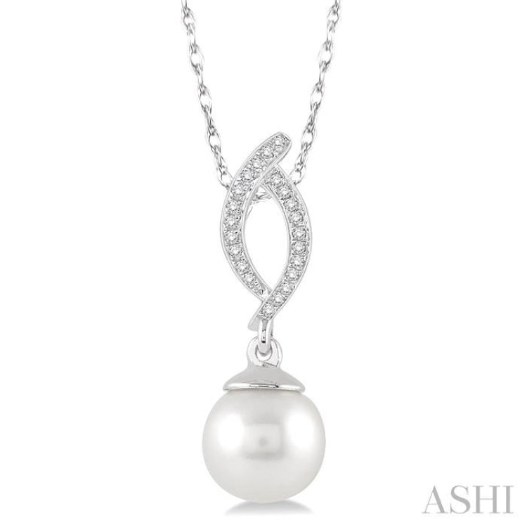 7x7 MM Round Cut Cultured Pearl and 1/20 ctw Round Cut Diamond Pendant in 10K White Gold with Chain