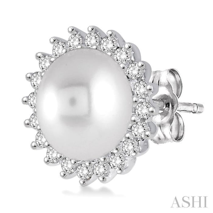 7x7 MM Cultured Pearl and 1/4 Ctw Round Cut Diamond Earrings in 14K White Gold