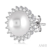 7x7 MM Cultured Pearl and 1/4 Ctw Round Cut Diamond Earrings in 14K White Gold