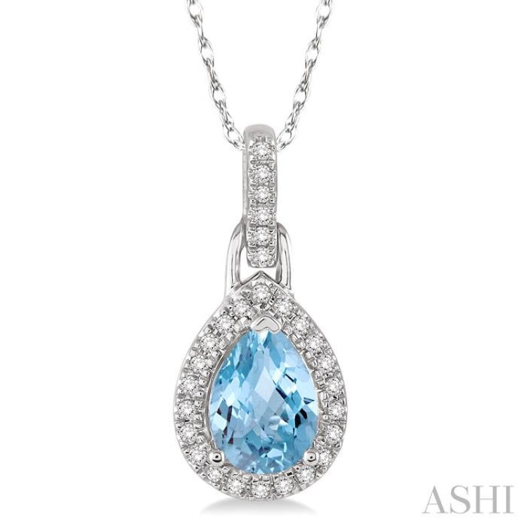 7x5 MM Pear Shape Aquamarine and 1/10 Ctw Round Cut Diamond Pendant in 14K White Gold with Chain
