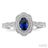 1/6 Ctw Oval Shape 6x4mm Sapphire & Round Cut Diamond Precious Ring in 10K White Gold