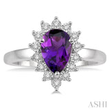 9x6 MM Pear Shape Amethyst and 1/10 Ctw Round Cut Diamond Semi-Precious Ring in 10K White Gold