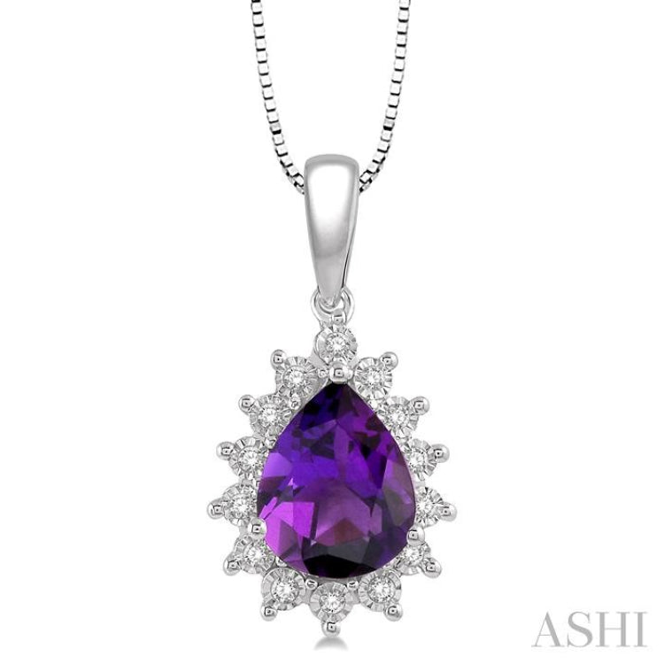 1/10 Ctw Pear Shape 9x6mm Amethyst & Round Cut Diamond Semi Precious Pendant in 10K White Gold