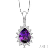 1/10 Ctw Pear Shape 9x6mm Amethyst & Round Cut Diamond Semi Precious Pendant in 10K White Gold