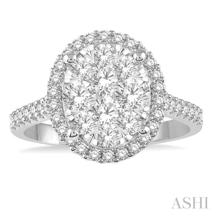 1 ctw Round Diamond Lovebright Oval Shape Halo Engagement Ring in 14K White and Yellow Gold