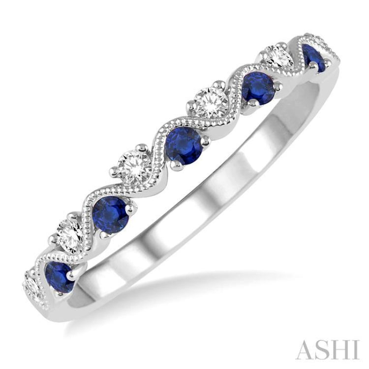 1.8 MM Sapphire and 1/6 Ctw Round Cut Diamond Precious Waves Wedding Band in 14K White Gold