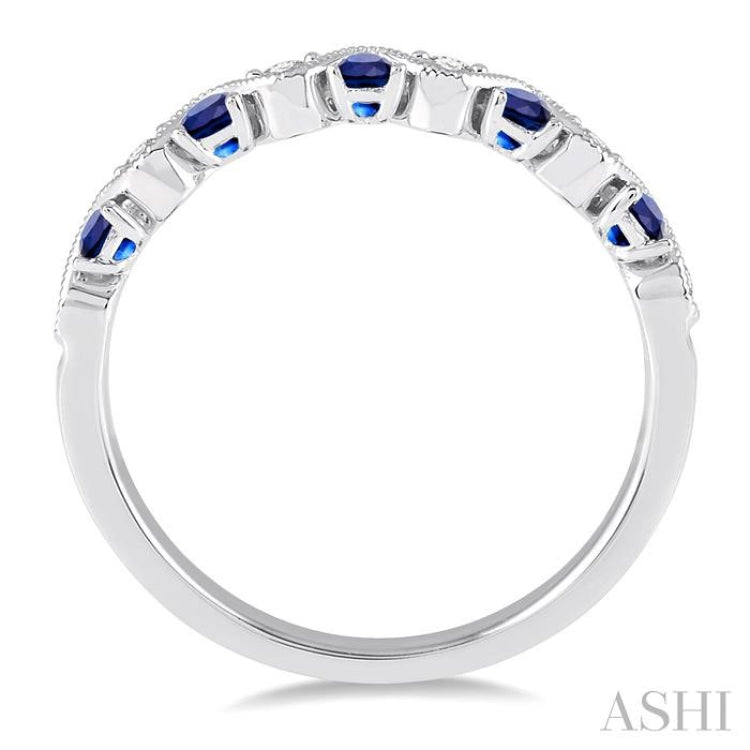 1.8 MM Sapphire and 1/6 Ctw Round Cut Diamond Precious Waves Wedding Band in 14K White Gold