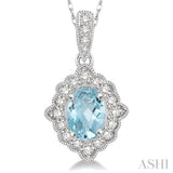 1/6 Ctw Round Cut Diamond and Ethnic Oval Cut 6x4mm Aquamarine Semi Precious Pendant in 10K White Gold with chain