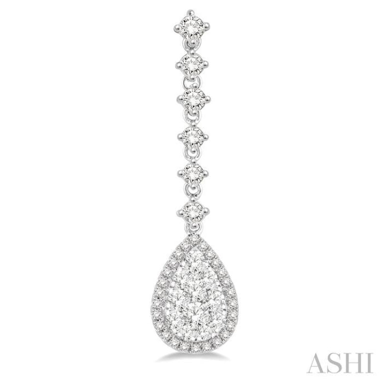 1 ctw Pear Shape Dangler Round Cut Diamond Lovebright Earrings in 14K White Gold