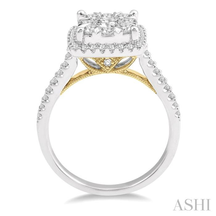 1 Ctw Round Diamond Lovebright Halo Engagement Ring in 14K White and Yellow Gold