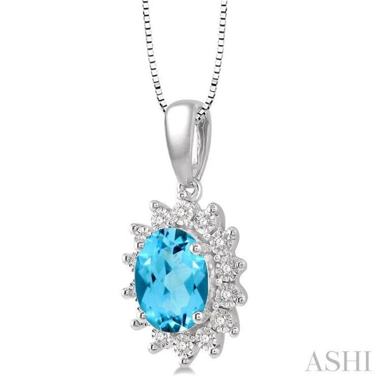 1/10 Ctw Oval Shape 8x6mm Blue Topaz & Round Cut Diamond Semi Precious Pendant in 10K White Gold