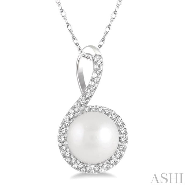 7x7 MM Round Shape Center Cultured Pearl and 1/10 ctw Round Cut Diamond Pendant in 10K White Gold