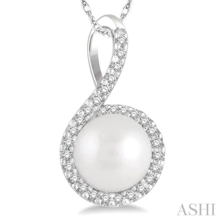 7x7 MM Round Shape Center Cultured Pearl and 1/10 ctw Round Cut Diamond Pendant in 10K White Gold