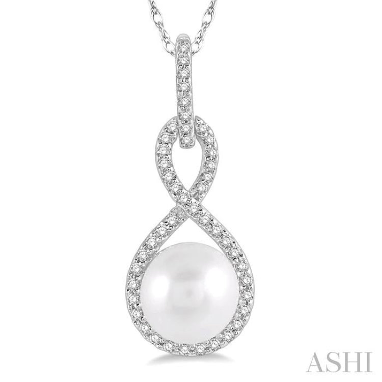 1/6 ctw Twisted Loop 7x7mm Pearl & Round Cut Diamond Pendant With Chain in 10K White Gold
